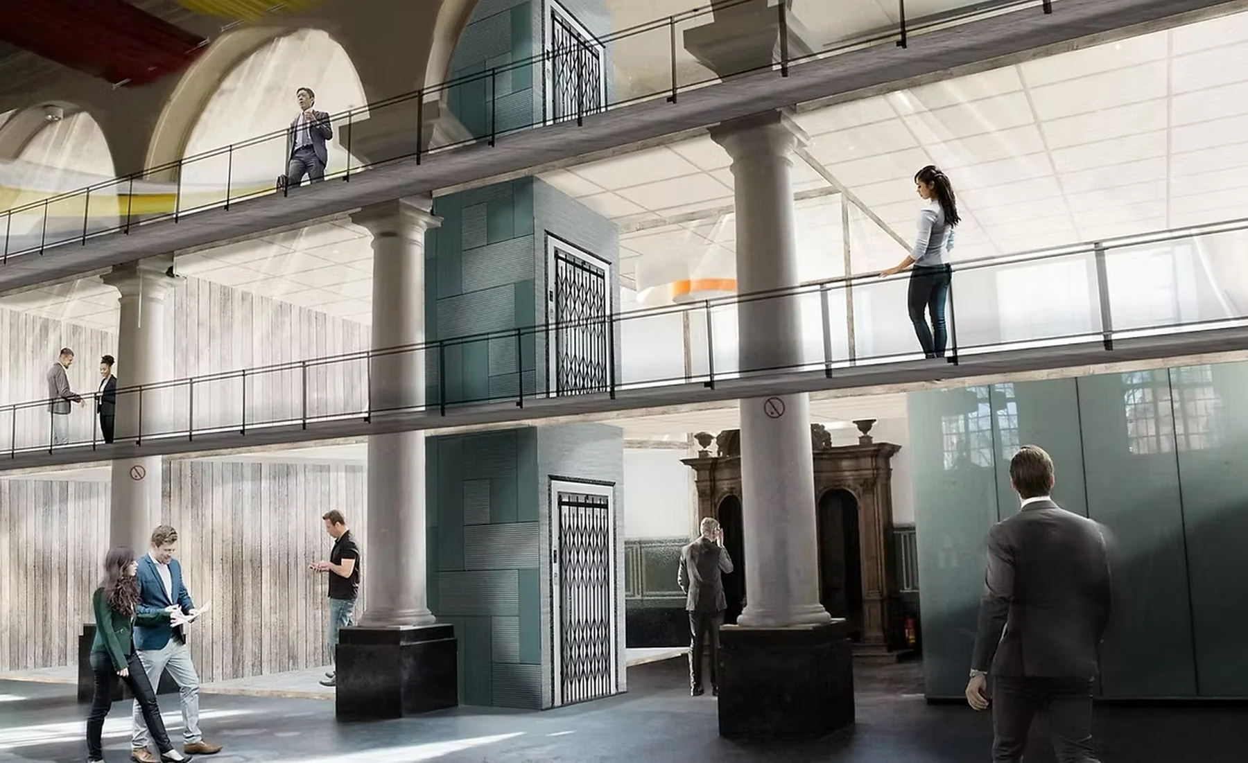 Ontwerpvisual van de nieuwe verdiepingen langs de zijbeuken van de Sint-Jan, met galerijen langs de monumentale kolommen