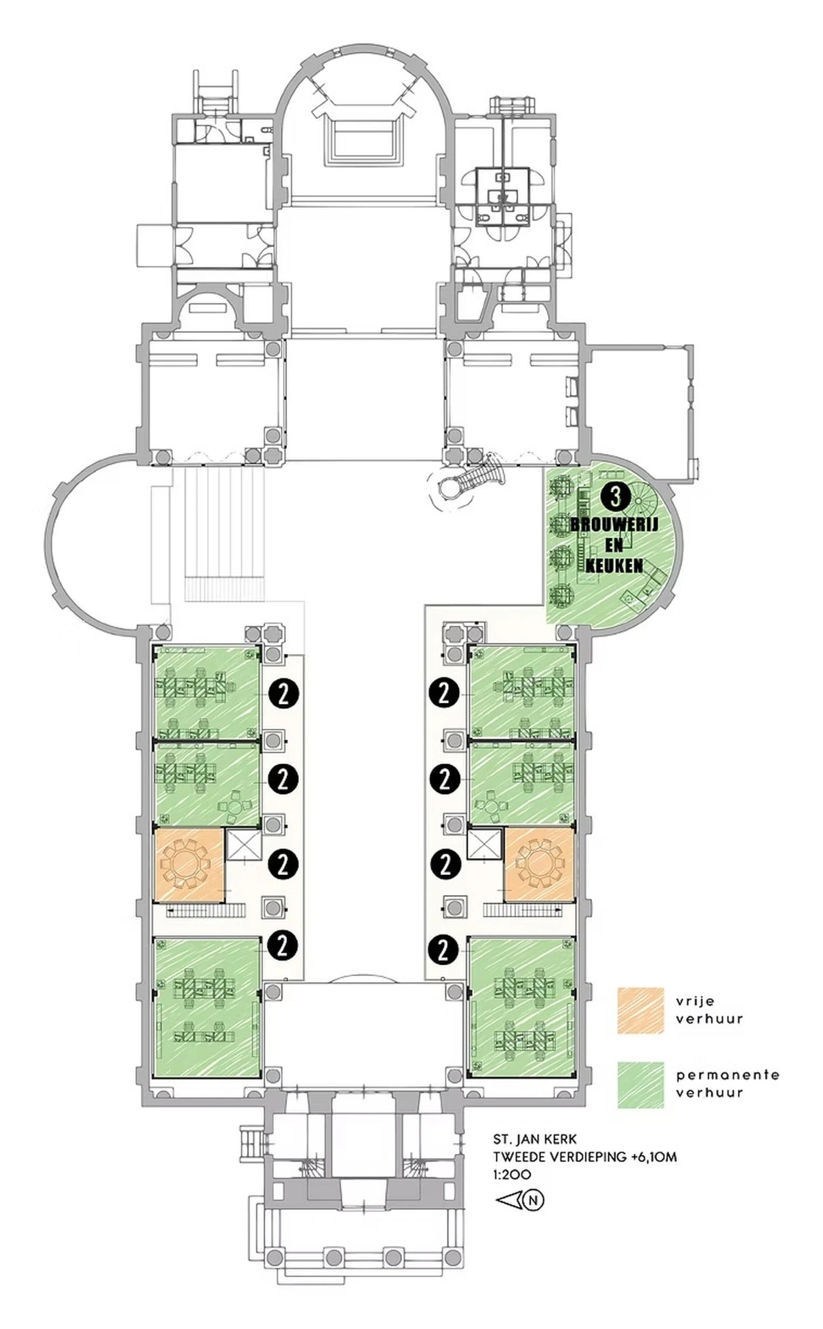 Plattegrond van de tweede verdieping van de Sint-Jan met brouwerij, keuken en kantoorruimtes