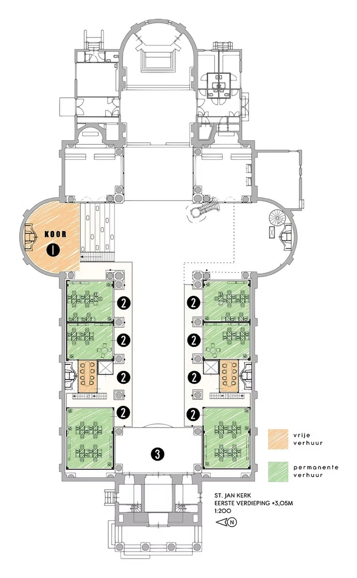 Plattegrond van de eerste verdieping van de Sint-Jan met koor en kantoorruimtes langs de zijbeuken