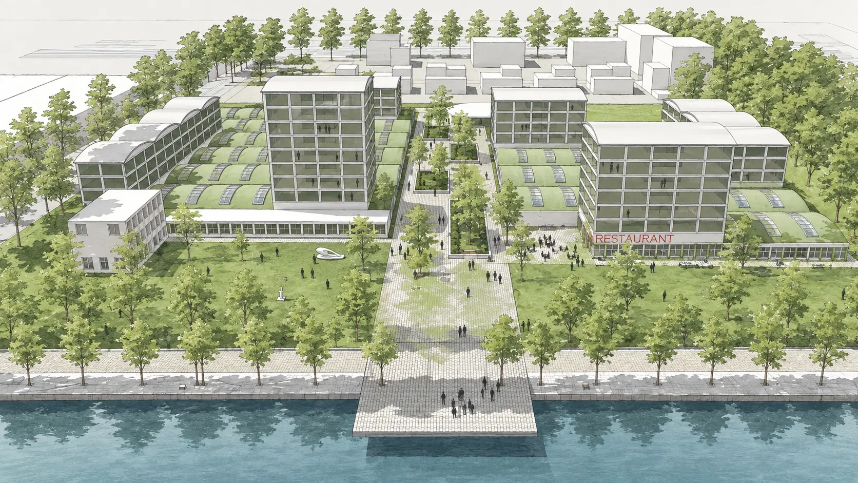 Vogelvluchtimpressie van het Galvanitasterrein in Oosterhout met groen plein aan het water