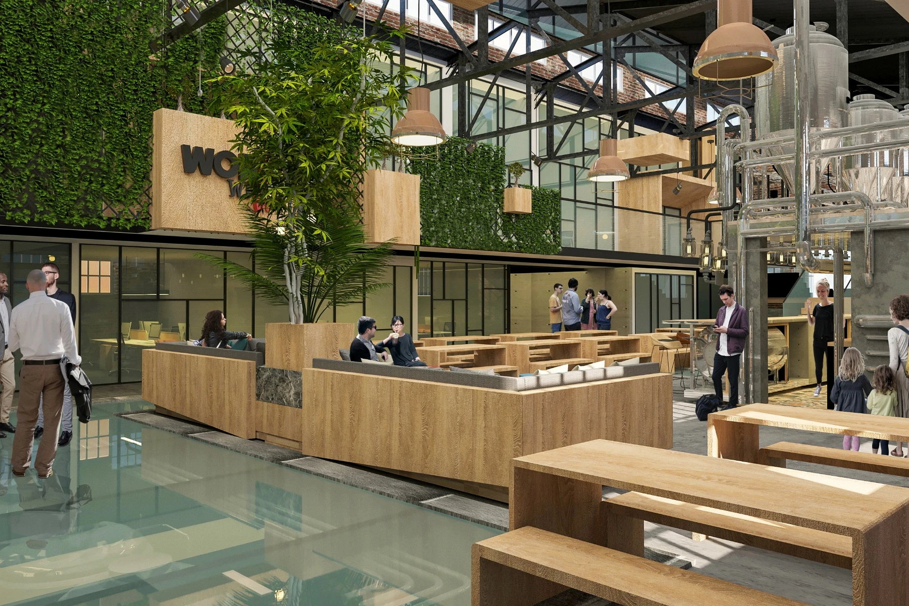 Mensen ontmoeten en werken tussen groen en industriële installaties in het Ketelhuis van KVL