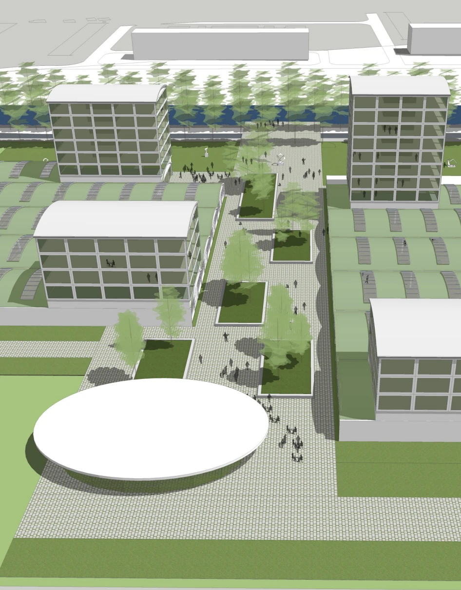 Conceptstudie van een promenade tussen bestaande fabriekshallen en mogelijke nieuwe volumes