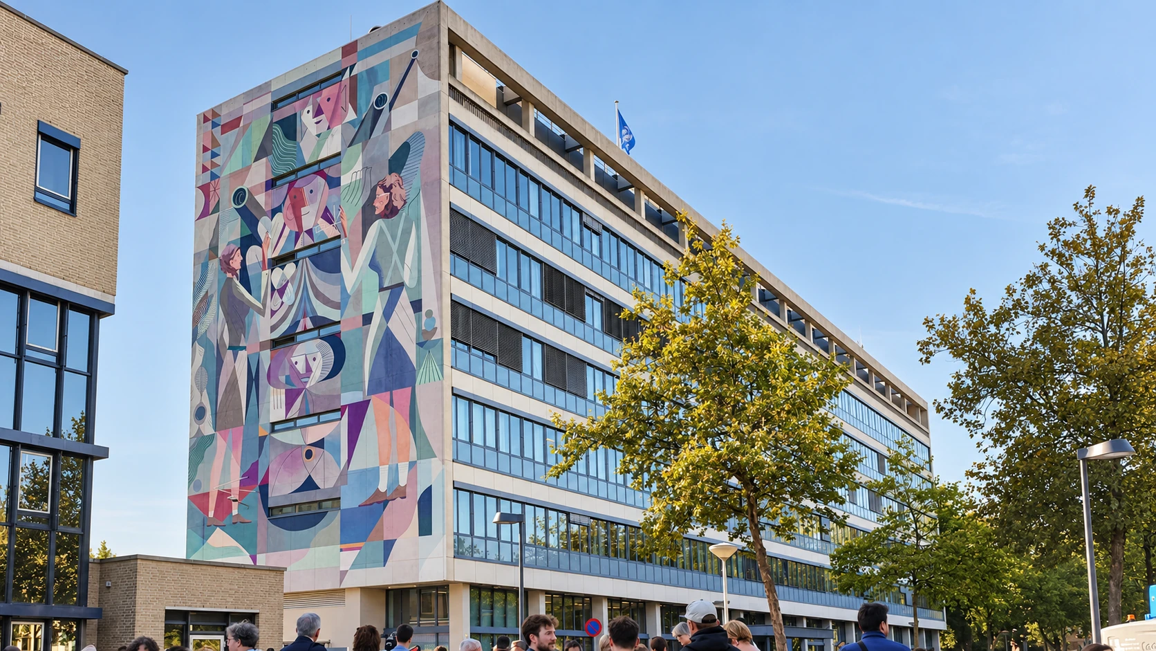 Voormalig belastingkantoor De Teruggave in Breda met kleurrijke muurschildering op de kopgevel