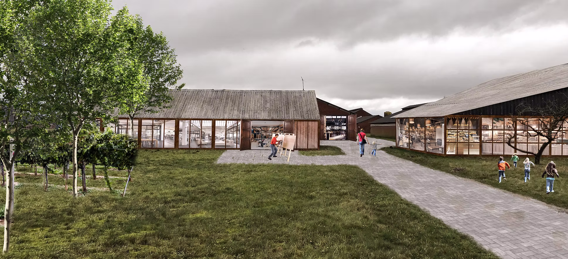 Conceptuele sfeerimpressie van hergebruikte agrarische schuren in het groene landschap van Stadsevelden