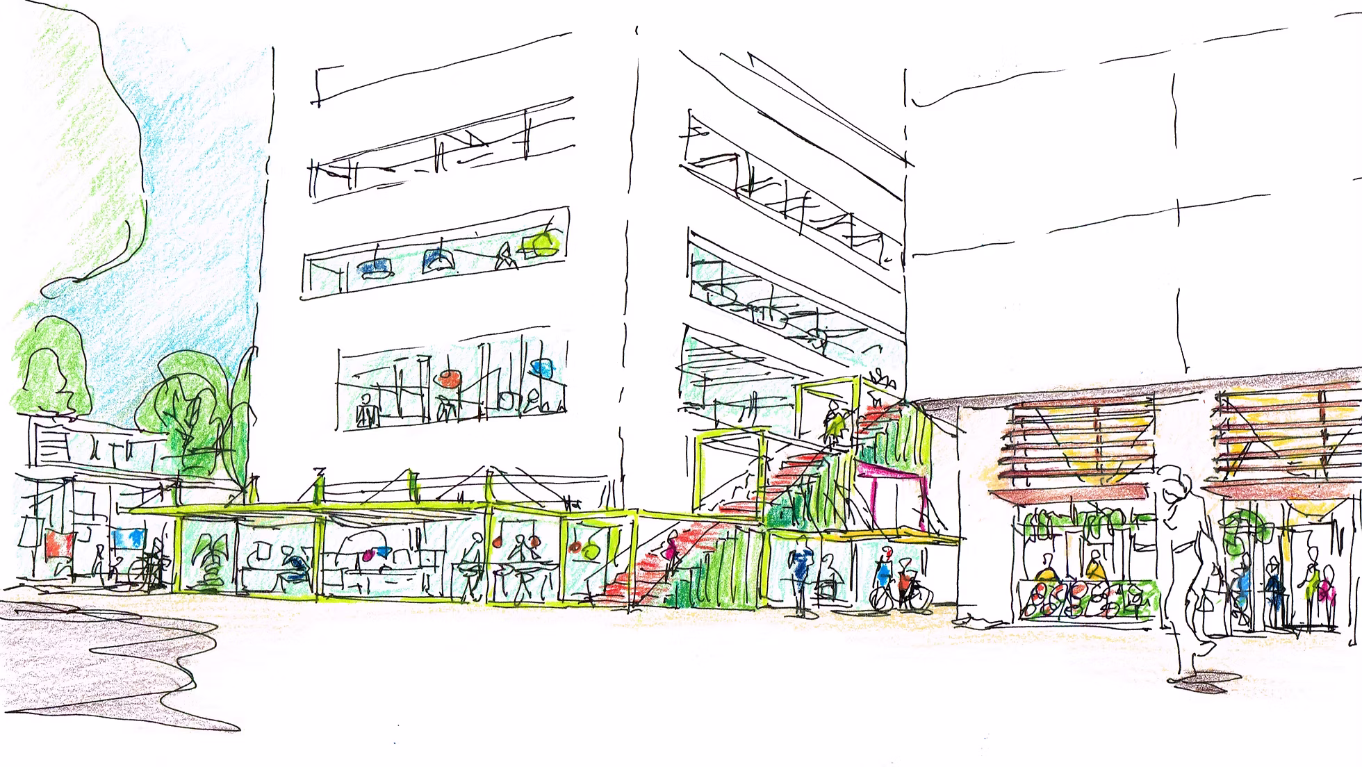 Conceptschets van een mogelijke tijdelijke ontmoetingsplek tussen de fabrieksgebouwen