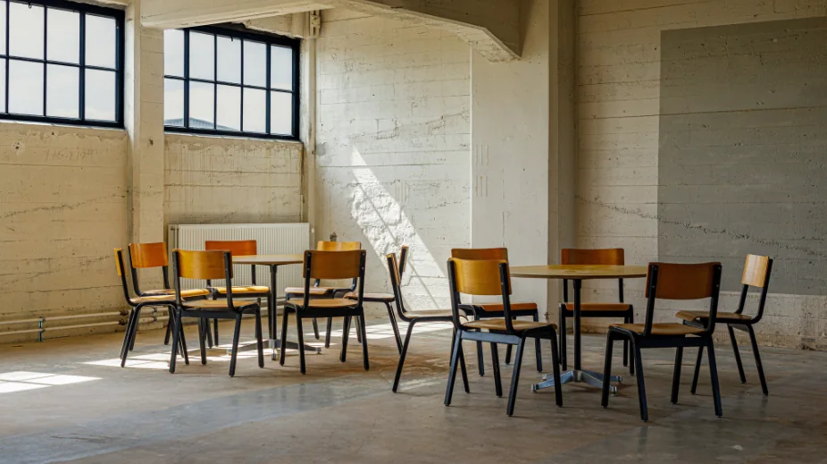 Houten stoelen en tafels als informele ontmoetingsplek in het HAKA-gebouw